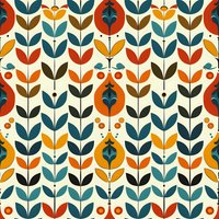 Retro floral seamless pattern with stylized leaves and geometric shapes in orange, teal and brown on cream background. Repeating folk art motif tiles continuously.