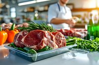 Fresh raw ribeye steaks with rosemary herbs on metal tray in professional kitchen with chef cooking in background for culinary preparation and gourmet dining.