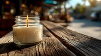 Aromatic candle in glass jar on rustic wooden table with warm bokeh background, creating cozy ambiance for outdoor dining or relaxation.