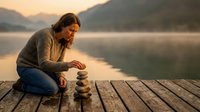 Young woman stacking stones on wooden dock at peaceful mountain lake during golden hour sunset creating zen balance meditation moment.