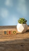 SEO wooden letter blocks with succulent plant in geometric pot on rustic wood table for digital marketing and search engine optimization concepts.