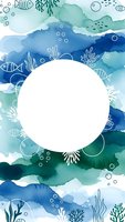 Watercolor ocean waves frame with white circle space, marine life doodles, coral reef elements, sea plants and fish illustrations for coastal design projects.