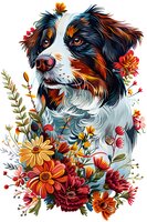 Artistic portrait of an Australian shepherd dog surrounded by vibrant wildflowers and botanical elements in folk art style, perfect for decorative prints, cards, and wall art designs.