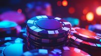 Stack of blue poker chips in dramatic lighting with red and purple bokeh background, creating atmospheric casino gaming ambiance for gambling and entertainment concepts.