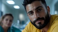Middle Eastern man with beard wearing yellow t-shirt smiling confidently at camera in office setting with female coworker in background. Professional workplace environment.
