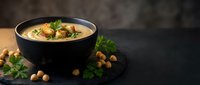 Creamy chickpea soup with fresh herbs in black bowl on dark slate background, healthy vegetarian meal with legumes and parsley garnish for cooking blogs.