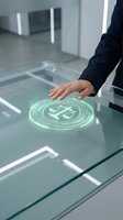 Businessman hand touching holographic recycling symbol on glass surface in modern office environment for sustainability and eco-friendly business concepts.