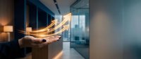 Businessman hand holding glowing upward arrow symbolizing growth, success and progress in modern office environment for business presentations.
