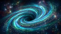 Spiral galaxy with glowing blue arms swirling through deep space filled with colorful nebulae and bright stars creating cosmic vortex formation.