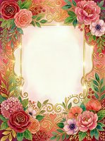 Ornate floral frame with red and pink roses, peonies, and decorative gold scrollwork on warm background. Isolated design element ready for invitations, cards, and print projects.