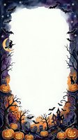 Watercolor Halloween border frame with pumpkins, bats, witch, haunted house, graveyard, and black cat, white center for text or design.