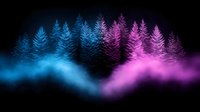 Mystical winter forest scene with illuminated pine trees in neon blue and pink colors against black background, foggy atmospheric effect creates dreamy landscape.