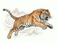 Aggressive tiger leaping forward with open mouth, isolated on white background. Hand-drawn illustration style with mountain silhouettes. Suitable for t-shirt design, clipart, and merchandise applications.