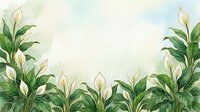 Watercolor calla lily border frame with lush green leaves on soft pastel background, copy space for text, wedding or spring botanical design.