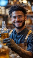 Young African American male bartender with curly hair and glasses holding craft beer bottle, wearing apron and denim shirt, smiling warmly in pub atmosphere with bokeh lights.
