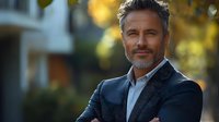Confident mature businessman with gray hair and beard in navy suit standing outdoors with blurred autumn background.