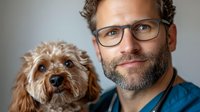 Professional veterinarian with beard and glasses holding small fluffy brown dog in medical clinic setting for pet healthcare and animal wellness services.