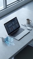 Modern laptop displaying financial analytics dashboard with holographic data projections on minimalist white desk workspace for business technology concepts.