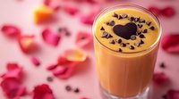 Orange smoothie with chocolate heart decoration and chocolate chips on pink background with scattered rose petals, romantic drink for Valentine's Day celebration.