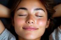 Close up portrait of young Asian woman with freckles and natural makeup lying down with closed eyes, peaceful expression and gentle smile showing wellness and relaxation.