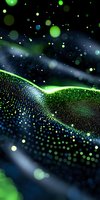 Abstract digital landscape with glowing green particle wave against dark background, creating futuristic technology visualization for science or data concepts.