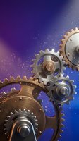 Metallic gears and cogs mechanism on cosmic purple blue starry background for industrial technology and engineering concepts.