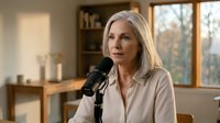Mature blonde Caucasian woman speaking into professional microphone in cozy home studio setup for podcast recording or broadcasting content creation.