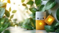 Cute kawaii sunscreen bottle with glowing sun icon surrounded by fresh green leaves and sunlight bokeh effect, suitable for skincare and summer protection.