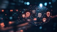 Network of red shield icons connected by glowing lines forming digital protection concept against dark background with bokeh lights and geometric patterns.