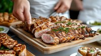 Juicy sliced grilled pork tenderloin garnished with fresh herbs on wooden cutting board. Medium rare meat with golden crust and pink center for restaurant menu.