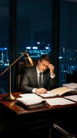 Caucasian male professional in formal business attire working late at office desk with brass lamp, reviewing documents against illuminated city skyline at night, depicting corporate stress and deadline pressure.