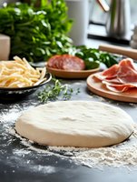 Fresh pizza dough on dark countertop with traditional Italian ingredients including cheese, cured meats and herbs ready for homemade preparation.