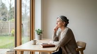 Middle-aged woman with dark hair in casual attire sitting at wooden table by large window, gazing thoughtfully outdoors while holding coffee cup, suitable for lifestyle, wellness, and contemplation themes.