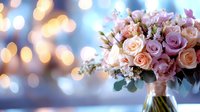 Romantic bouquet of pink and peach roses with eucalyptus against blurred bokeh lights background, wedding floral arrangement tied with ribbon for bridal ceremony.