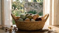 Wicker basket filled with fresh mixed fruits on wooden windowsill with natural sunlight streaming through window creating warm atmosphere for healthy eating.