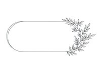 Elegant oval frame with delicate botanical leaves border on white background. Minimalist line art design for wedding invitations, greeting cards and branding.
