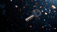 Vintage metal key floating in dark space with glowing particles and bokeh effect, symbolizing access, opportunity, and solutions.