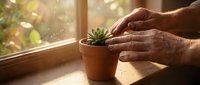 Elderly hands gently caring for small succulent plant in terracotta pot by sunny window. Gardening hobby, plant care, senior lifestyle concept.