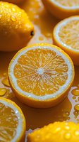 Fresh juicy lemon slices with water drops on golden background, macro shot showing detailed pulp texture and citrus segments in warm lighting.