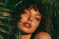 Young Hispanic woman with curly hair and glossy lips poses sensually among tropical palm leaves in warm golden light creating moody beauty portrait.