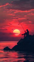 Silhouette of lone angler fishing from rocky cliff at dramatic red sunset over ocean, with flying seagulls and large sun reflecting on calm water surface.