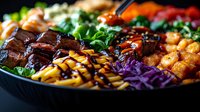 Colorful poke bowl with glazed salmon, fresh vegetables, purple cabbage, grilled pineapple and greens served in black bowl. Asian fusion cuisine.