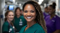Smiling African American female healthcare worker in green scrubs with braided hair standing confidently in hospital with diverse medical team background.