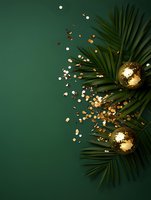Festive composition with golden disco balls and palm leaves on dark green background with scattered gold confetti creating luxury holiday atmosphere.