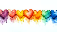 Watercolor rainbow hearts in row with dripping paint effect on white background, love symbol pattern for pride, valentines designs and romantic artwork.