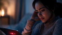 Young Asian woman looking stressed while using digital tablet in dark room with moody lighting, wearing cozy sweater, expressing worry and anxiety.