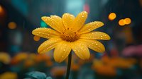 Yellow daisy flower with water drops on petals against dark blurred background with bokeh lights, macro photography showing morning dew and natural freshness.