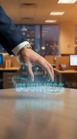 Businessman hand reaching for glowing holographic business text in modern office environment with digital technology effects and futuristic interface.