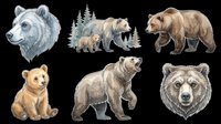 Illustrated collection of six bears in various poses and species, including gray wolf-like bear, mother bear with cubs in forest setting, brown bear, young cub, standing bear, and detailed bear head portrait, all isolated on transparent background ready for t-shirt design, clipart, stickers, sublimation and print-on-demand projects.