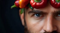 Close-up portrait of bearded Caucasian man with intense blue eyes and fresh red and orange bell peppers arranged above his face against dark background.